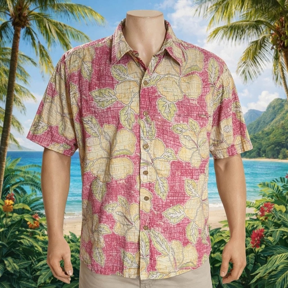 Cooke Street Hawaiian Aloha Shirt XL Floral Hibiscus Cross-Hatch Reverse‎ Print